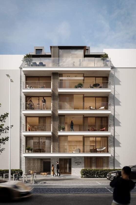 Modern appartementsgebouw met meerdere verdiepingen, grote glazen terrassen, verticale houten gevelaccenten en hedendaagse architectuur in een stedelijke omgeving.
