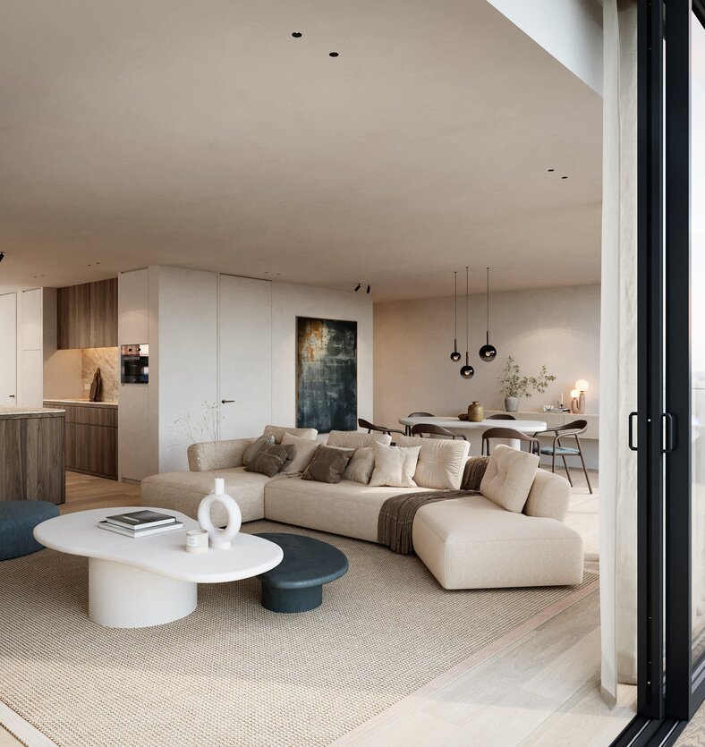Modern appartementsgebouw met meerdere verdiepingen, grote glazen terrassen, verticale houten gevelaccenten en hedendaagse architectuur in een stedelijke omgeving.