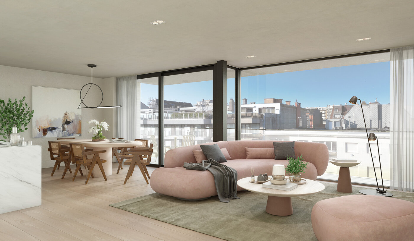 Modern appartementsgebouw met meerdere verdiepingen, grote glazen terrassen, verticale houten gevelaccenten en hedendaagse architectuur in een stedelijke omgeving.