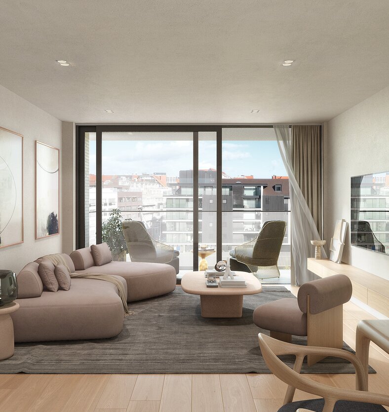 Modern appartementsgebouw met meerdere verdiepingen, grote glazen terrassen, verticale houten gevelaccenten en hedendaagse architectuur in een stedelijke omgeving.