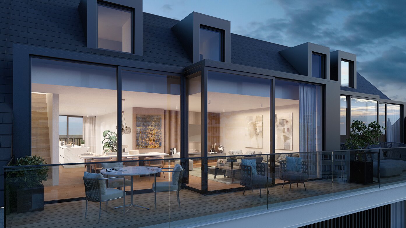 Modern appartementsgebouw met meerdere verdiepingen, grote glazen terrassen, verticale houten gevelaccenten en hedendaagse architectuur in een stedelijke omgeving.