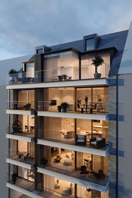 Modern appartementsgebouw met meerdere verdiepingen, grote glazen terrassen, verticale houten gevelaccenten en hedendaagse architectuur in een stedelijke omgeving.