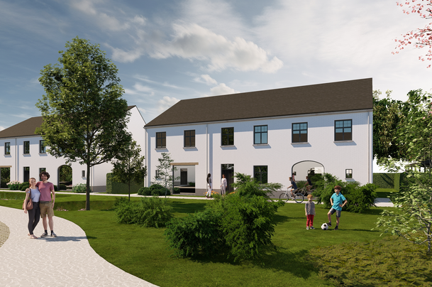 Nieuwbouw woonproject met moderne witte gevels, groen aangelegde tuinzone, wandelpad en spelende kinderen in een residentiële buurt.