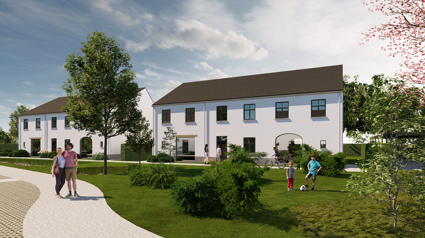 Nieuwbouw woonproject met moderne witte gevels, groen aangelegde tuinzone, wandelpad en spelende kinderen in een residentiële buurt.