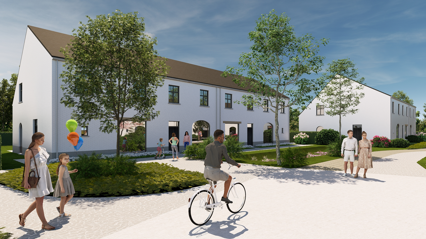 Nieuwbouw woonproject met moderne witte gevels, groen aangelegde tuinzone, wandelpad en spelende kinderen in een residentiële buurt.