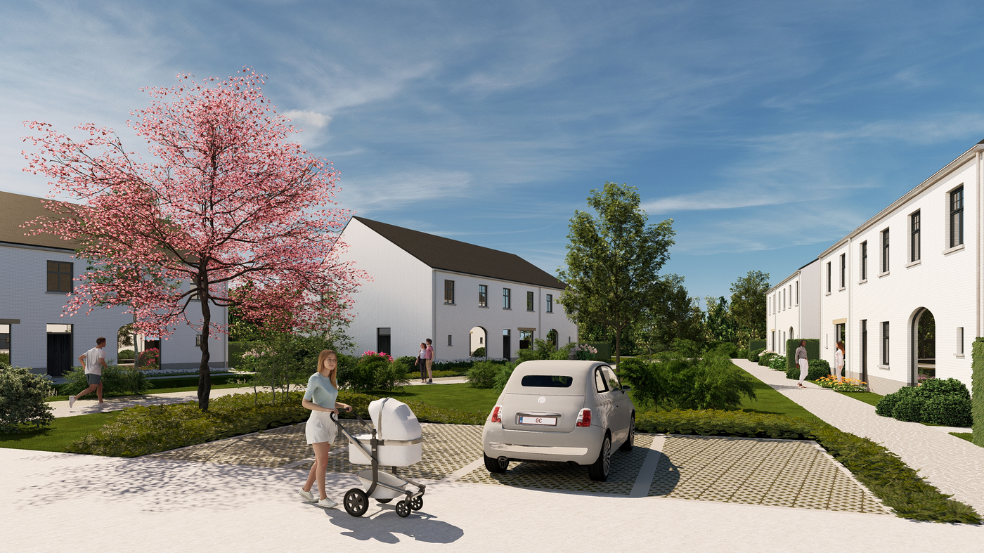 Nieuwbouw woonproject met moderne witte gevels, groen aangelegde tuinzone, wandelpad en spelende kinderen in een residentiële buurt.