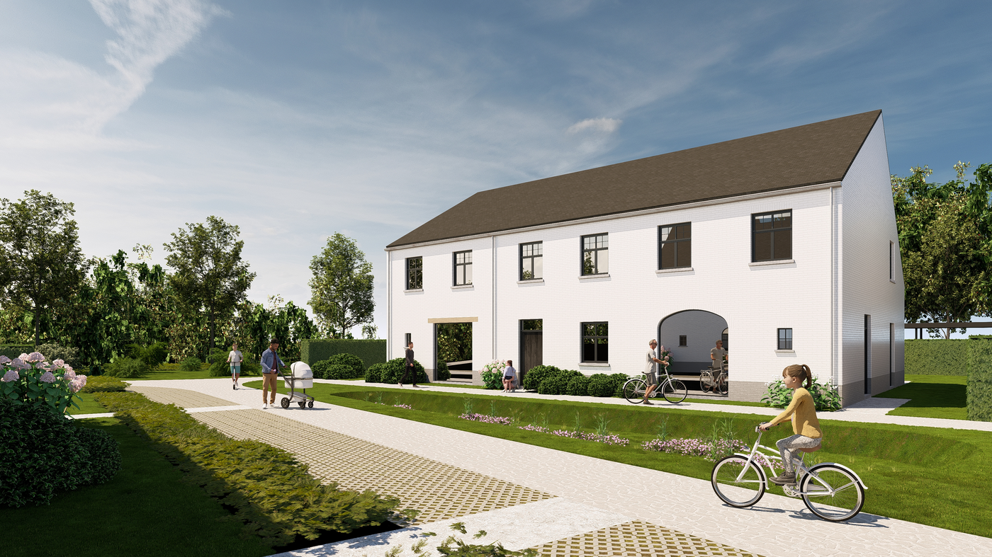 Nieuwbouw woonproject met moderne witte gevels, groen aangelegde tuinzone, wandelpad en spelende kinderen in een residentiële buurt.
