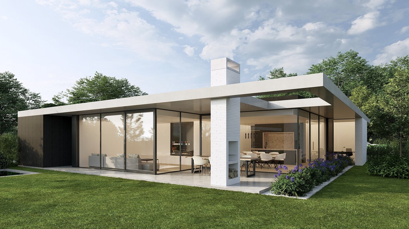 Moderne gelijkvloerse villa met grote glaspartijen, strakke architectuur en overkragend dak, omringd door een groene tuin.