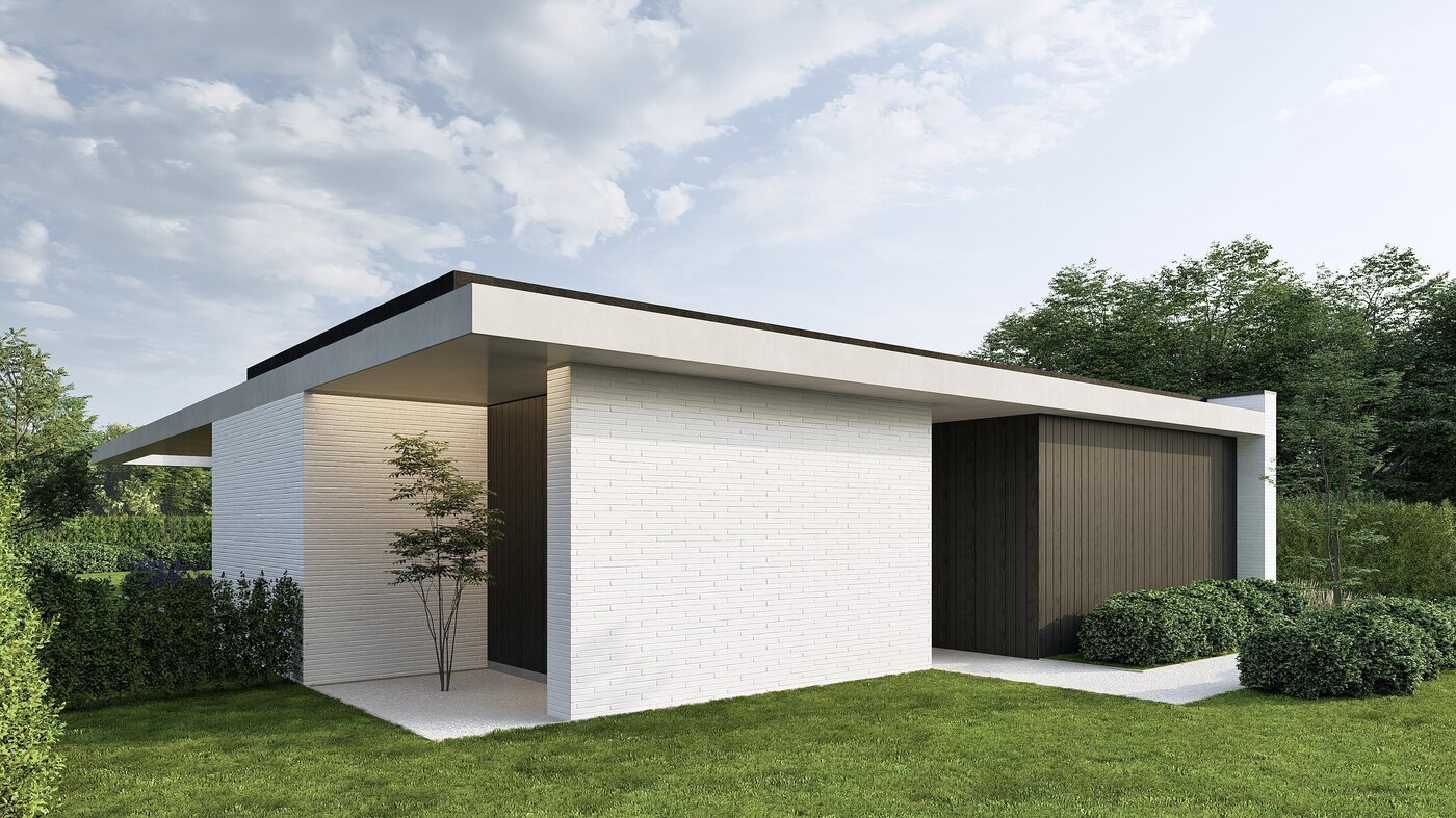 Moderne gelijkvloerse villa met grote glaspartijen, strakke architectuur en overkragend dak, omringd door een groene tuin.