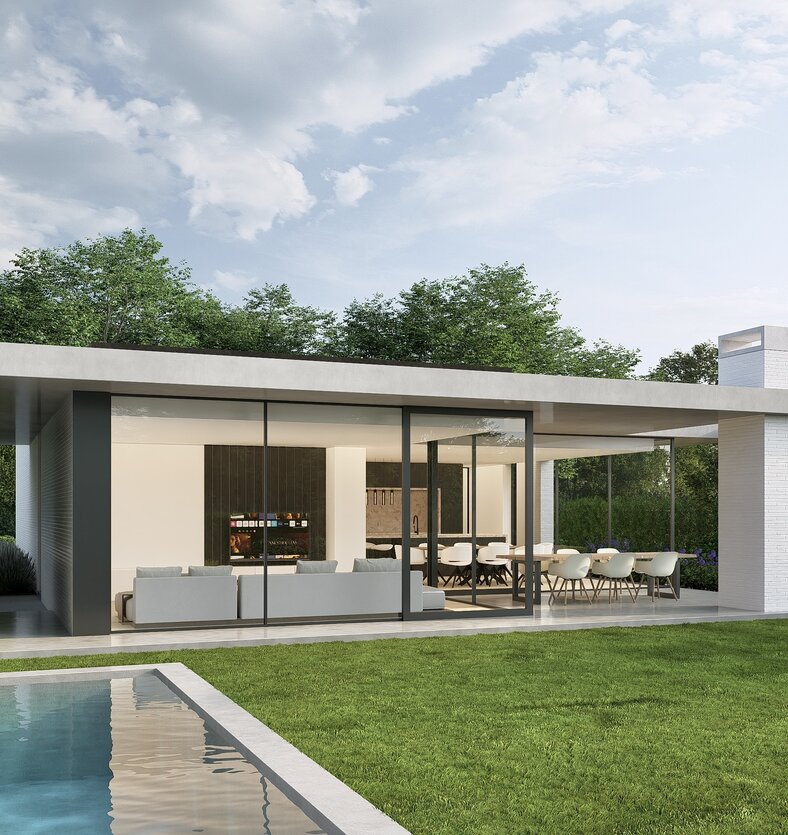 Moderne gelijkvloerse villa met grote glaspartijen, strakke architectuur en overkragend dak, omringd door een groene tuin.