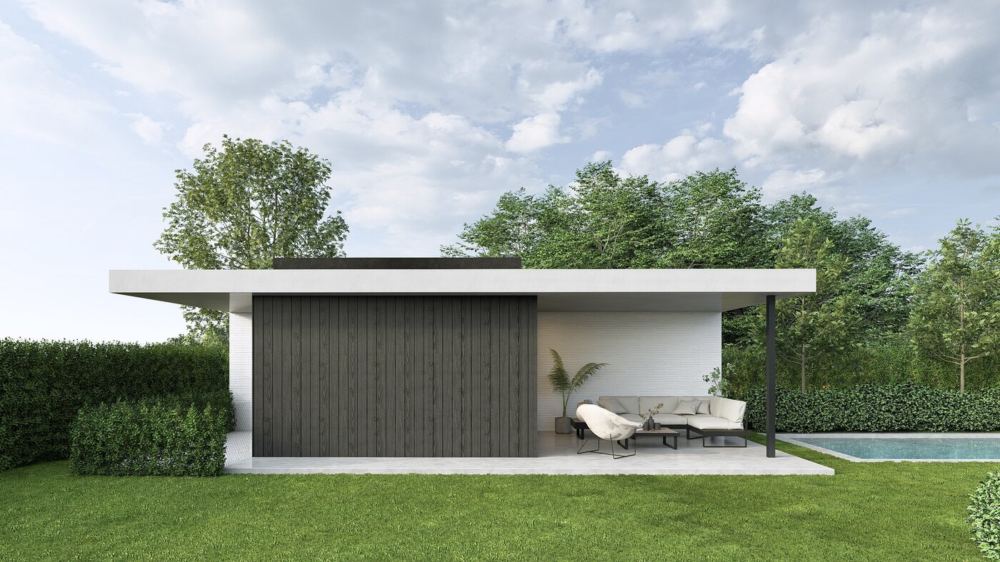 Moderne gelijkvloerse villa met grote glaspartijen, strakke architectuur en overkragend dak, omringd door een groene tuin.