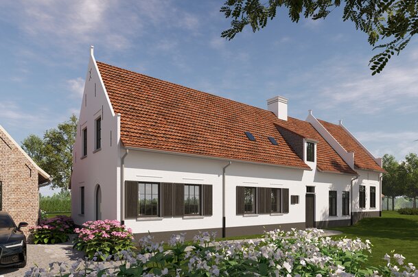 landelijke woning, nieuwbouw landelijke stijl, pastorijstijl woning, landelijke architectuur, klassieke gevel, baksteenarchitectuur, vastgoedproject, landelijke nieuwbouw in Vlaanderen