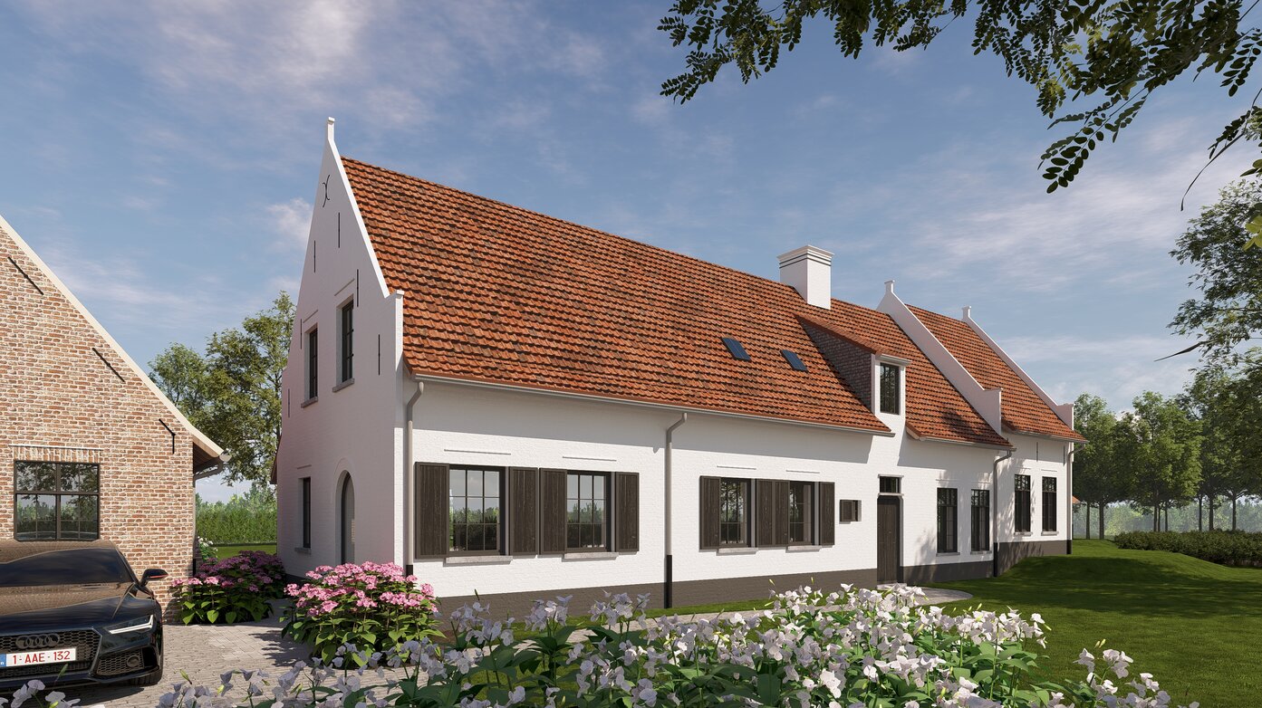 landelijke woning, nieuwbouw landelijke stijl, pastorijstijl woning, landelijke architectuur, klassieke gevel, baksteenarchitectuur, vastgoedproject, landelijke nieuwbouw in Vlaanderen