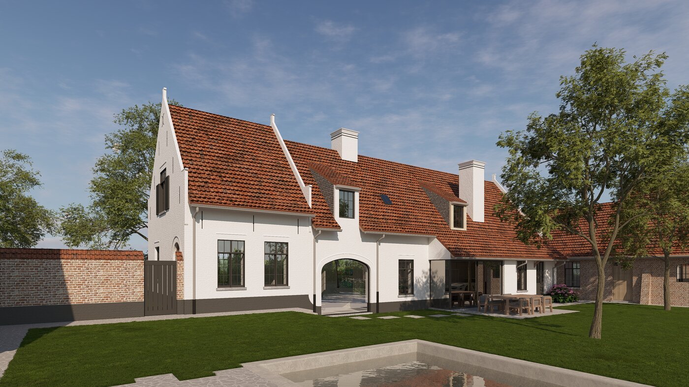 landelijke woning, nieuwbouw landelijke stijl, pastorijstijl woning, landelijke architectuur, klassieke gevel, baksteenarchitectuur, vastgoedproject, landelijke nieuwbouw in Vlaanderen