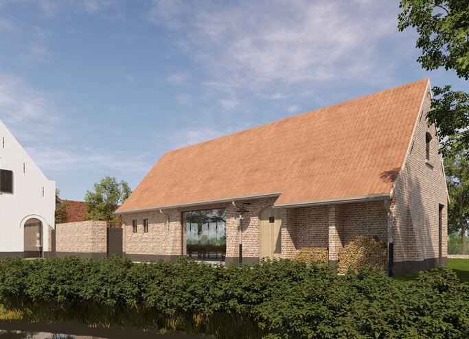 landelijke woning, nieuwbouw landelijke stijl, pastorijstijl woning, landelijke architectuur, klassieke gevel, baksteenarchitectuur, vastgoedproject, landelijke nieuwbouw in Vlaanderen