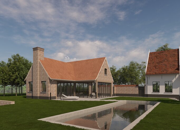 landelijke woning, nieuwbouw landelijke stijl, pastorijstijl woning, landelijke architectuur, klassieke gevel, baksteenarchitectuur, vastgoedproject, landelijke nieuwbouw in Vlaanderen