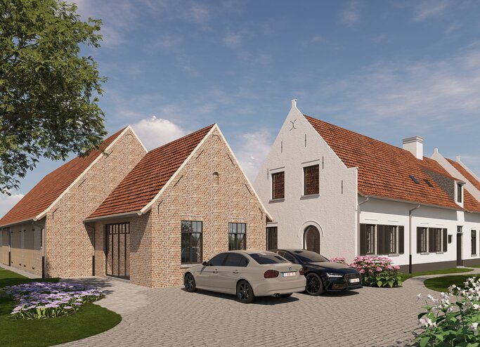 landelijke woning, nieuwbouw landelijke stijl, pastorijstijl woning, landelijke architectuur, klassieke gevel, baksteenarchitectuur, vastgoedproject, landelijke nieuwbouw in Vlaanderen