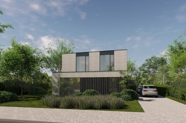 Moderne tweelaagse woning met strakke volumes, grote raamvlakken en minimalistische architectuur in een groene omgeving.