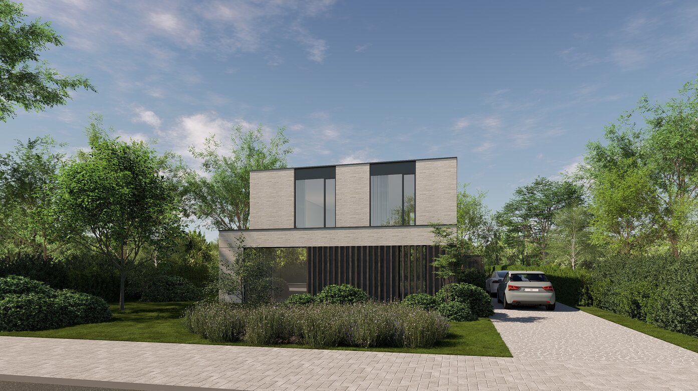 Moderne tweelaagse woning met strakke volumes, grote raamvlakken en minimalistische architectuur in een groene omgeving.