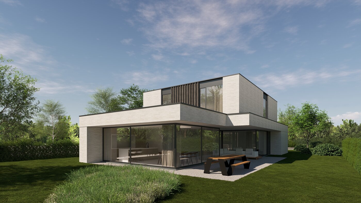 Moderne tweelaagse woning met strakke volumes, grote raamvlakken en minimalistische architectuur in een groene omgeving.