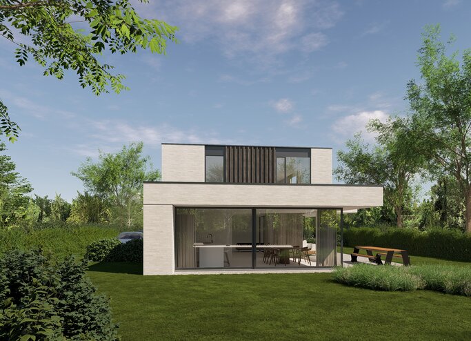 Moderne tweelaagse woning met strakke volumes, grote raamvlakken en minimalistische architectuur in een groene omgeving.