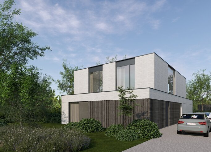 Moderne tweelaagse woning met strakke volumes, grote raamvlakken en minimalistische architectuur in een groene omgeving.