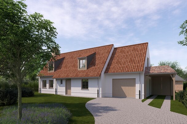 Architecturale render van een landelijke nieuwbouwwoning met rood pannendak, houten accenten, garage en carport, gelegen in een groene en rustige tuinomgeving