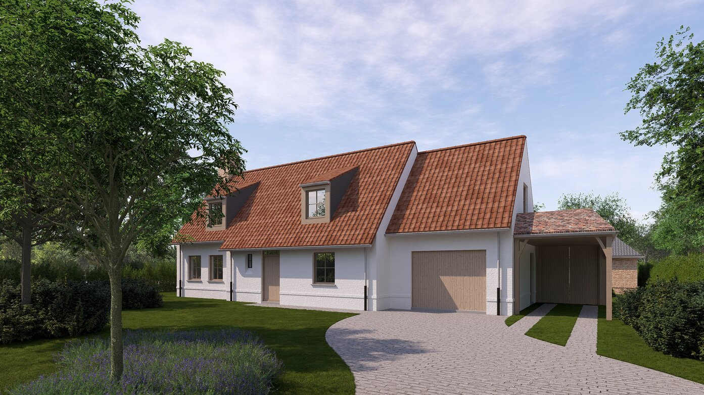 Architecturale render van een landelijke nieuwbouwwoning met rood pannendak, houten accenten, garage en carport, gelegen in een groene en rustige tuinomgeving