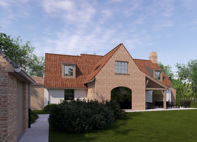 Architecturale render van een landelijke nieuwbouwwoning met rood pannendak, houten accenten, garage en carport, gelegen in een groene en rustige tuinomgeving