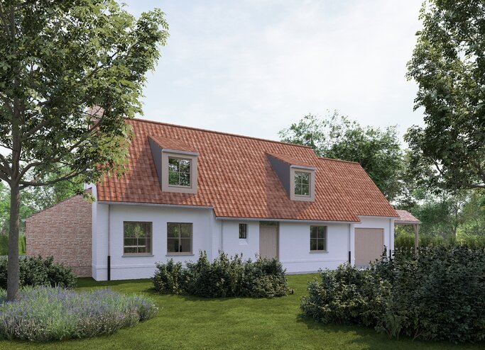 Architecturale render van een landelijke nieuwbouwwoning met rood pannendak, houten accenten, garage en carport, gelegen in een groene en rustige tuinomgeving