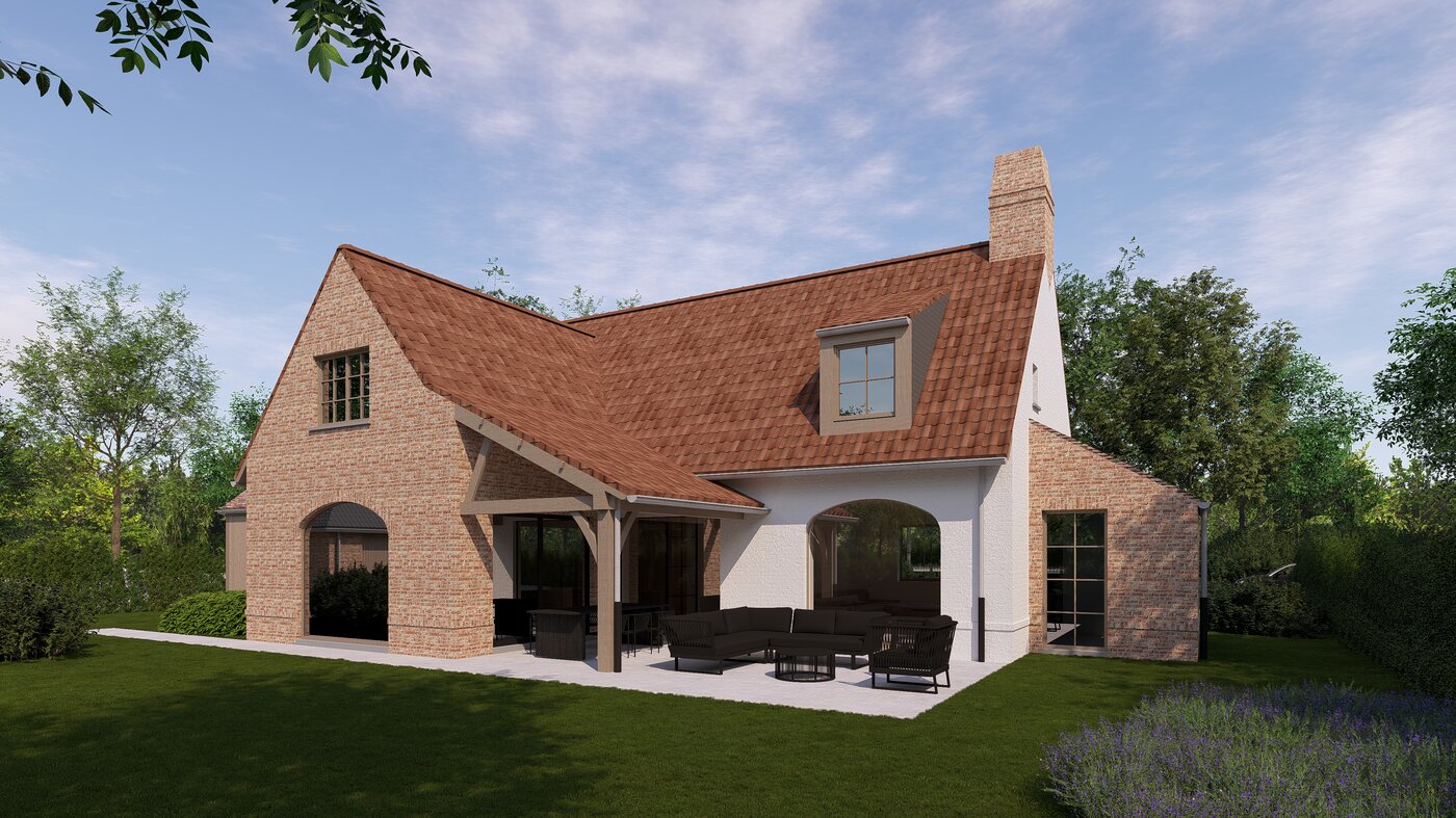 Architecturale render van een landelijke nieuwbouwwoning met rood pannendak, houten accenten, garage en carport, gelegen in een groene en rustige tuinomgeving