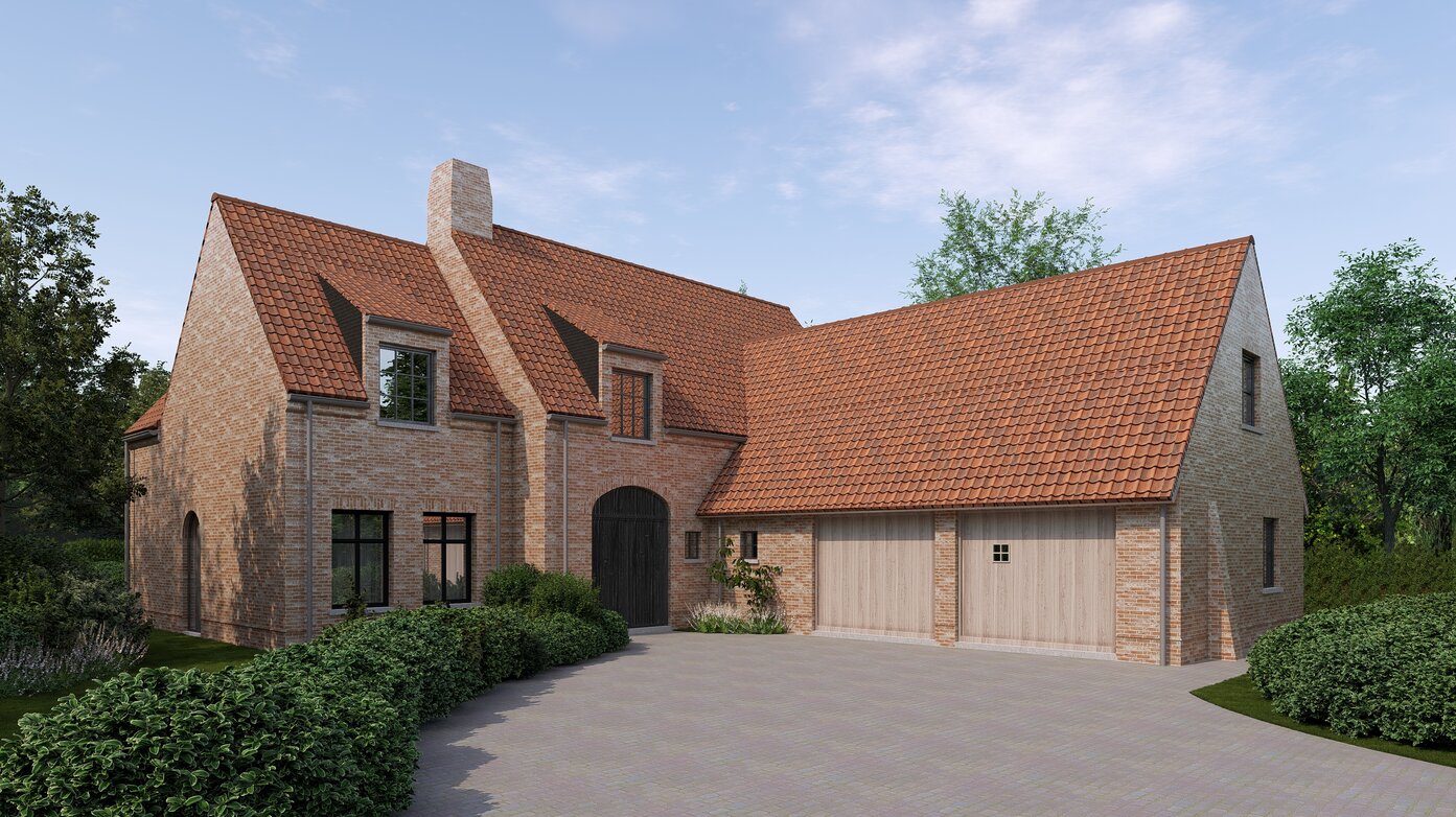 Architecturale 3D‑visualisatie van een landelijke baksteenwoning met rood pannendak, houten garagepoort en traditionele elementen, omgeven door een groene tuin