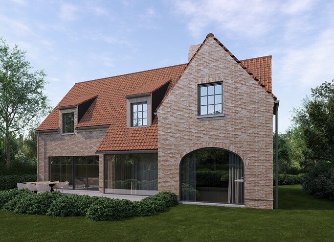Architecturale 3D‑visualisatie van een landelijke baksteenwoning met rood pannendak, houten garagepoort en traditionele elementen, omgeven door een groene tuin
