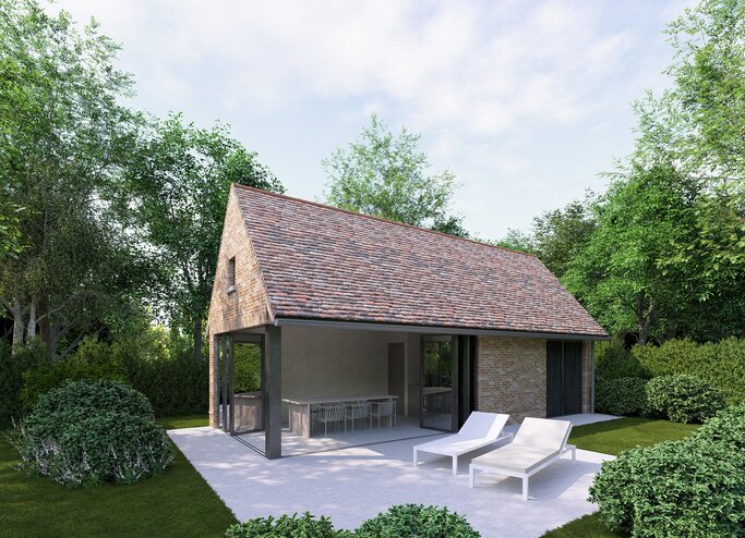 Architecturale 3D‑visualisatie van een landelijke baksteenwoning met rood pannendak, houten garagepoort en traditionele elementen, omgeven door een groene tuin