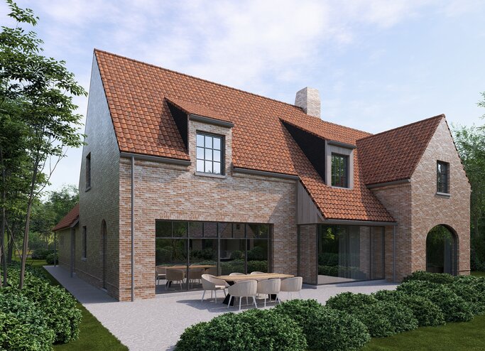 Architecturale 3D‑visualisatie van een landelijke baksteenwoning met rood pannendak, houten garagepoort en traditionele elementen, omgeven door een groene tuin