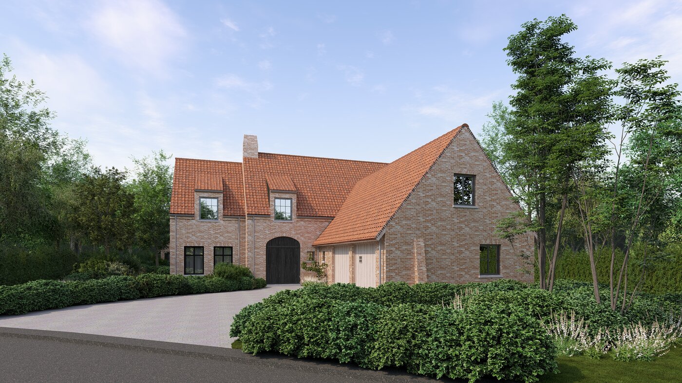 Architecturale 3D‑visualisatie van een landelijke baksteenwoning met rood pannendak, houten garagepoort en traditionele elementen, omgeven door een groene tuin