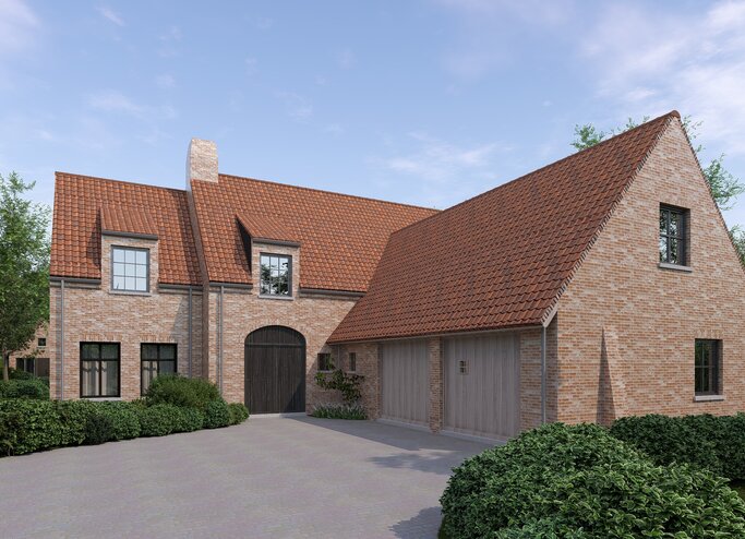 Architecturale 3D‑visualisatie van een landelijke baksteenwoning met rood pannendak, houten garagepoort en traditionele elementen, omgeven door een groene tuin