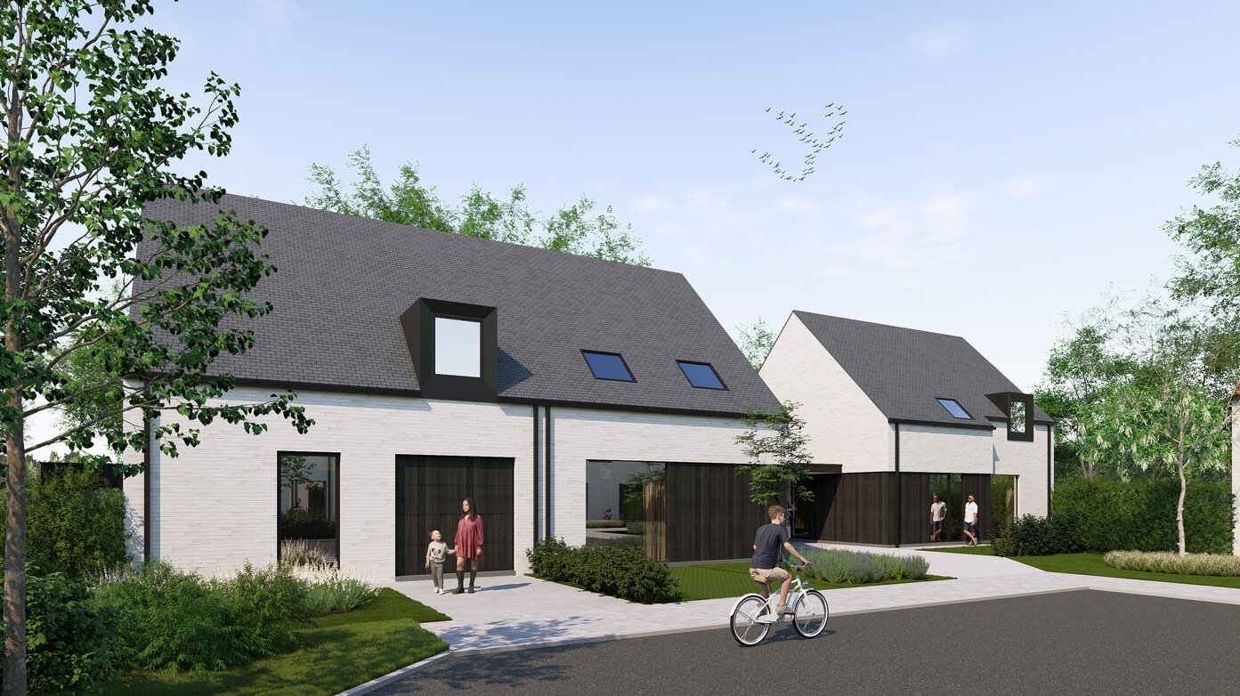Fotorealistische visualisatie van een hedendaags woonproject met moderne nieuwbouwwoningen in Jabbeke, ontworpen door GC Architecten