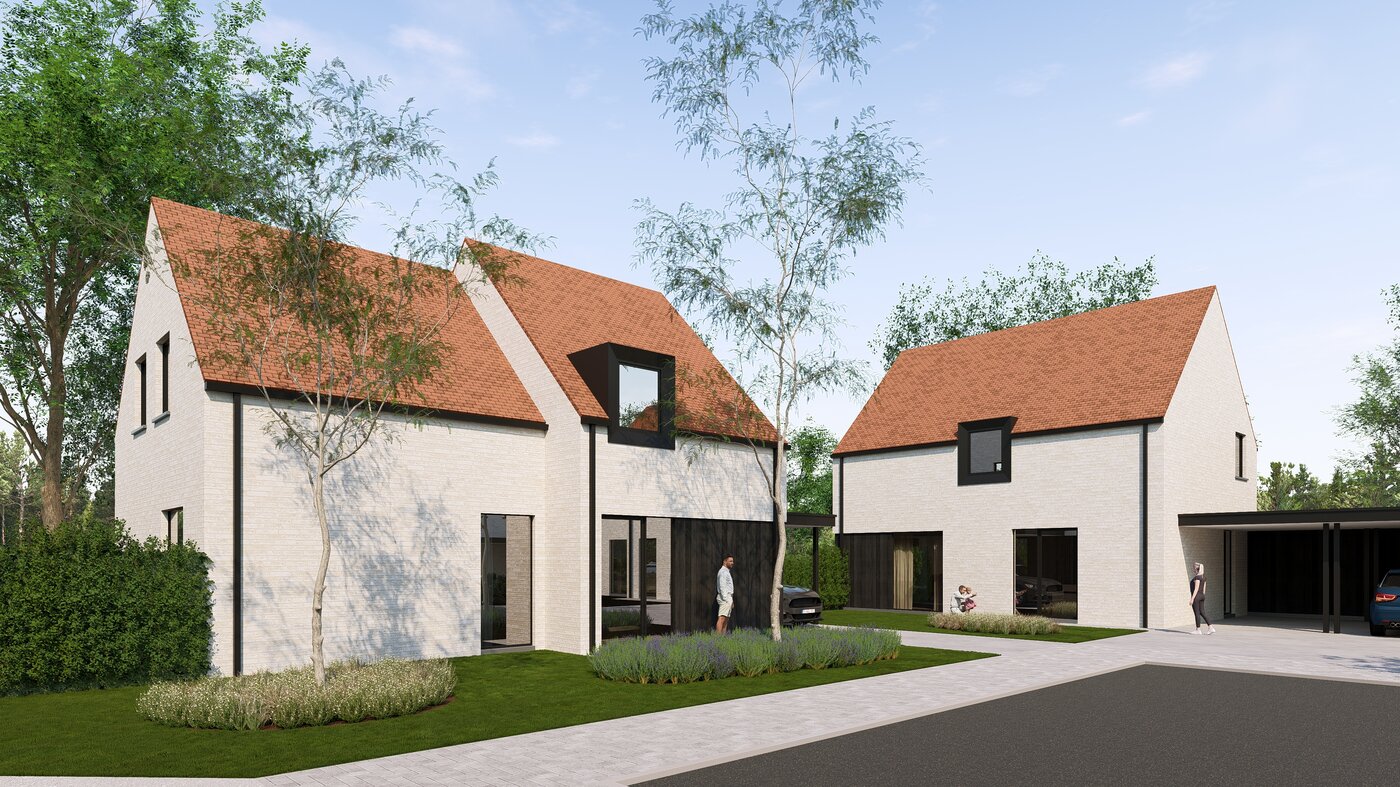 Fotorealistische visualisatie van moderne nieuwbouwwoningen met witte bakstenen gevels en strakke architectuur in Jabbeke, ontworpen door GC Architecten