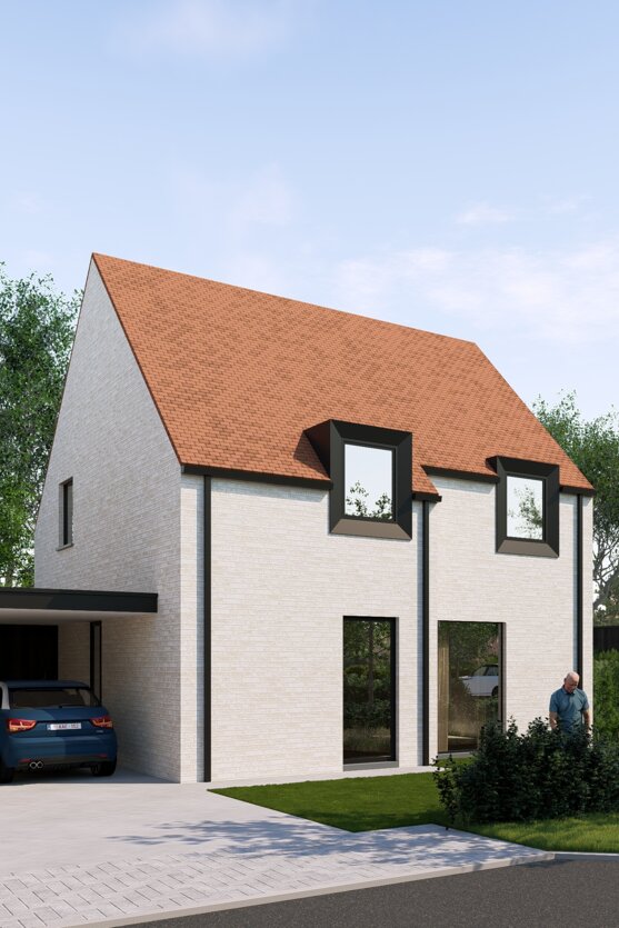 Fotorealistische visualisatie van een hedendaagse gezinswoning met carport en witte bakstenen gevel in Jabbeke, ontworpen door GC Architecten