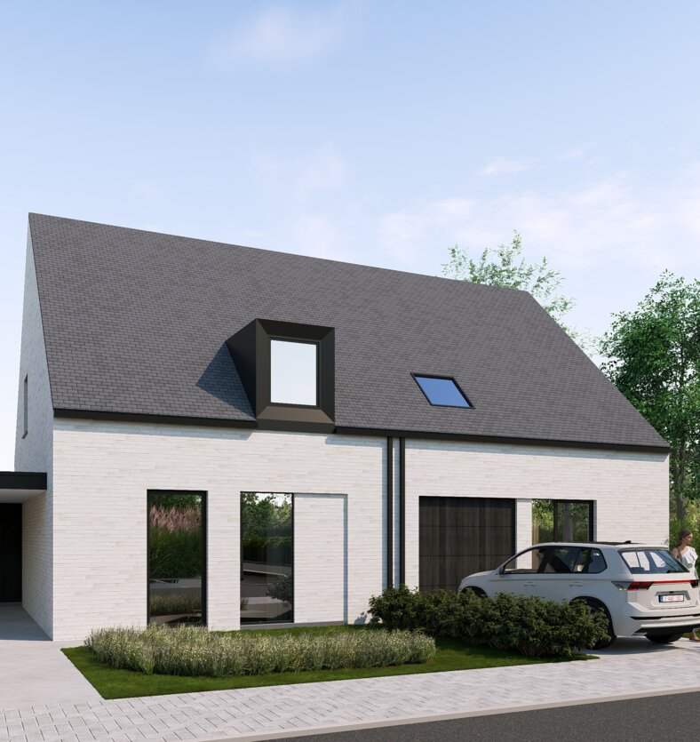Fotorealistische visualisatie van een moderne nieuwbouwwoning met geïntegreerde carport en strakke architectuur in Jabbeke, ontworpen door GC Architecten