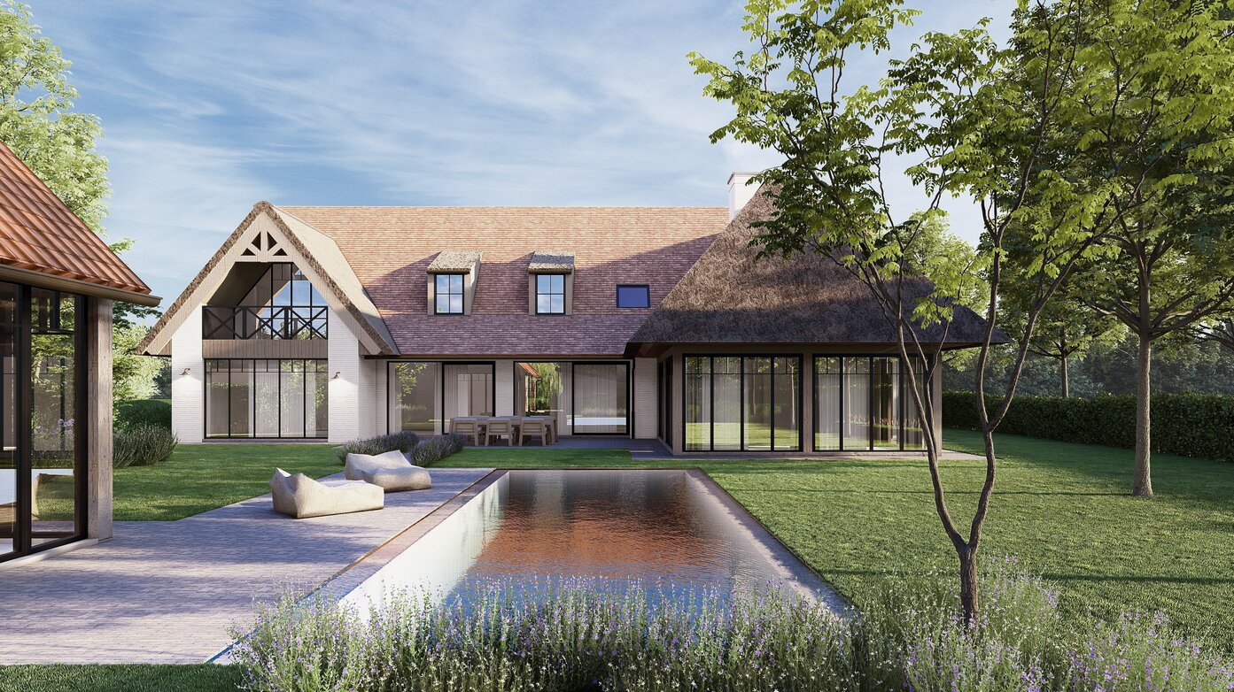 Fotorealistische visualisatie van een exclusieve landelijke villa met rieten dak, zwembad en ruime tuin, ontworpen door GC Architecten.